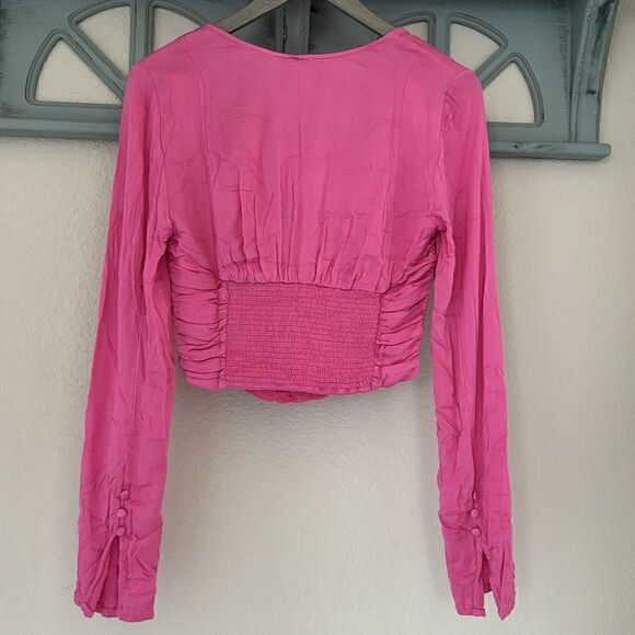 NWOT Free People Pink Cropped Top Long Sleeve Ruched Feminine Boho Retro Viscose - Picture 7 of 11